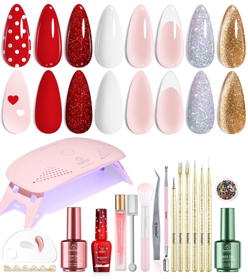 Beetles 27Pcs Gel Nail Polish Kit with U V Light -6 Colors Cat Eye Gel Polish Set Red Jelly Glitter Gold Merry Glitz with Everything Soak Off Home Salon DIY Manicure Set Gifts for Women