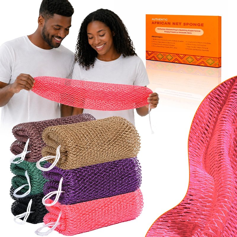 African Net Sponge Authentic, 6 Pcs Real African Exfoliating Net Sponge with Knots for Daily Shower Stretch Back Scrubber for Women and Men Bath Travel Gift Gym Use (6 Pcs)
