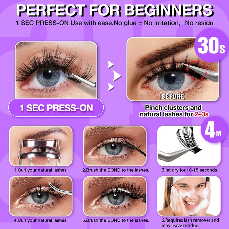 No Glue Needed Lashes, Self Adhesive Eyelashes, DIY Lash Cluster Eyelash Extensions Kit 10‑18mm,120pcs Fluffy D Curl Soft Natural Lashes with Tweezers–Fake Cat Eye Wispy Individual Clusters(NGT501)