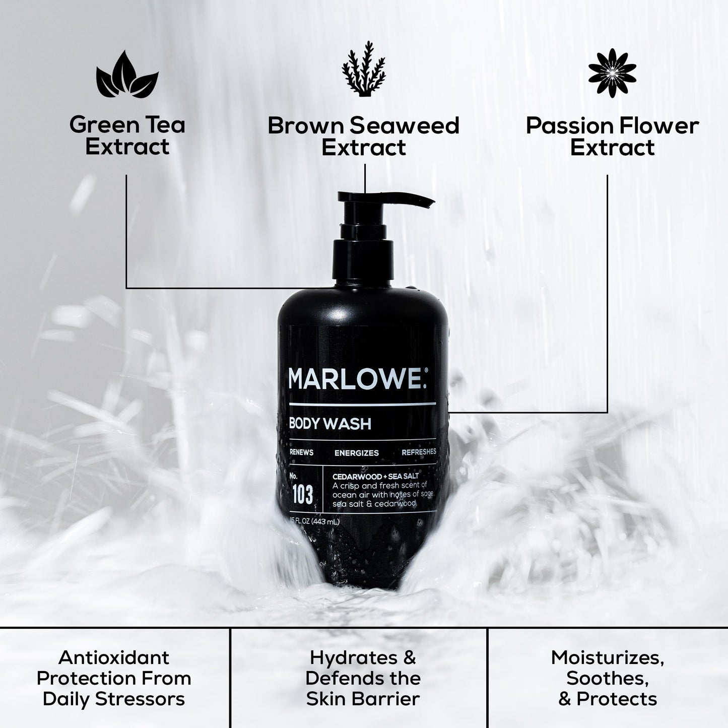 MARLOWE. Men's Body Wash, 15 oz Pump, Energizing & Refreshing Shower Gel, Moisturizes & Nourishes, Clean Vegan Formula with Willow Bark & Green Tea Extracts, Fresh & Zesty Cedarwood + Sea Salt Scent