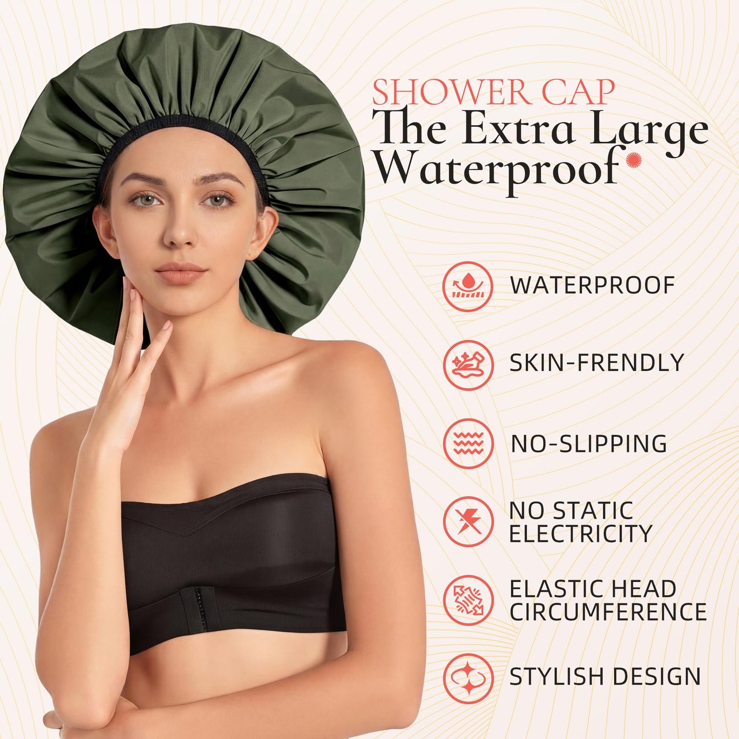 Extra Large Shower Cap for Women, Reusable Waterproof Shower Bonnet with Satin Lining, Double Layer Washable Bath Hair Cap for Braids, Locs, Long Thick Curly Hair, Natural Hair(Big Green)