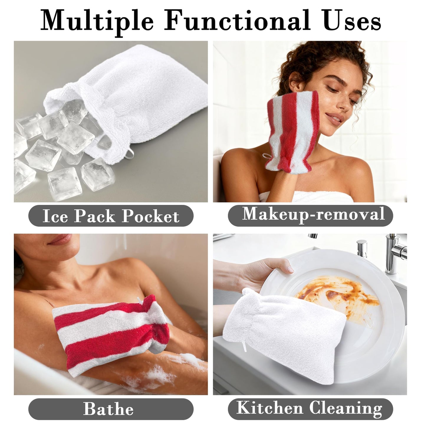VOOVA & MOVAS Wash Mitts for Body 6-Pack, 100% Cotton Soft Absorbent Wash Cloths with Hanging Loop, 8.3x6.3 Inch European Style Wash Gloves for Shower & Spa, Red Stripe & White