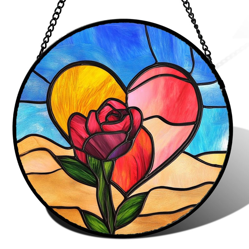 QZQCBLC Stained Glass Window Hanging Pink Heart Roses 7.8" - Suncatcher Door Garden Sun Catcher Home Decor Valentine Birthday Christmas for Mom Woman Lover Friends Wife Girl
