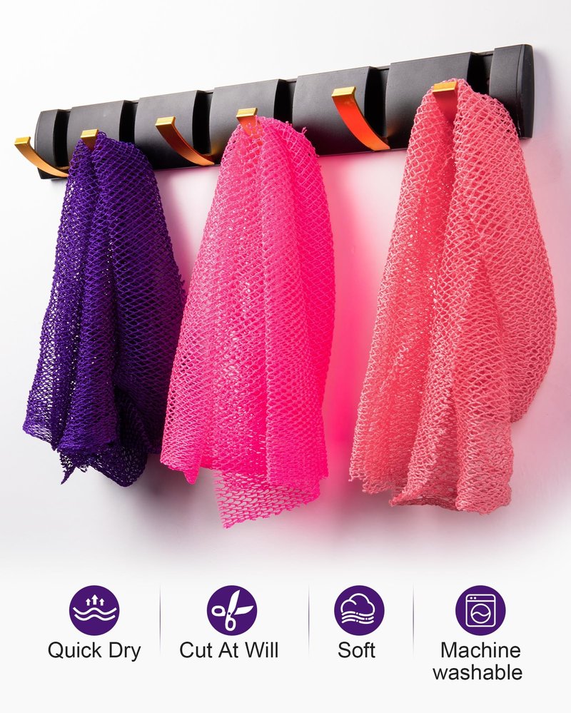 MTDLYICE African Net Sponge 3 Pack, Back Scrubber for Shower, XL 80CM Exfoliating Washcloth, African Net Sponge Authentic, Body Scrubber exfoliator Bath Accessories (Pink,Red,Purple)