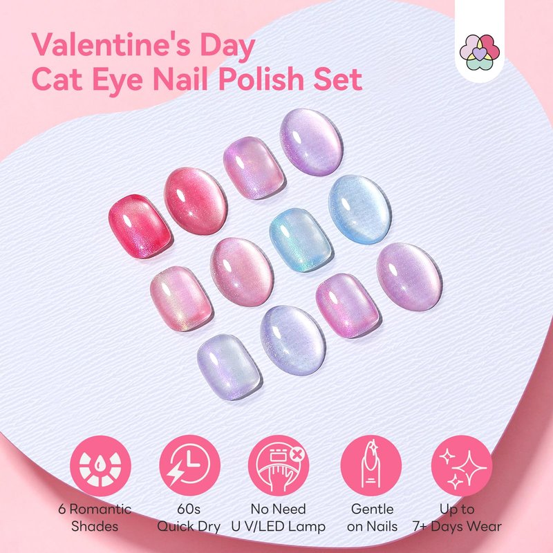 SAVILAND Valentine Nail Polish Set: Quick Dry 6 Colors Cat Eye Nail Polish Shimmer Romantic Pink Series Magnetic Cateye Fingernail Polish with Magnet Stick DIY Manicure Gift for Women Girls10ml