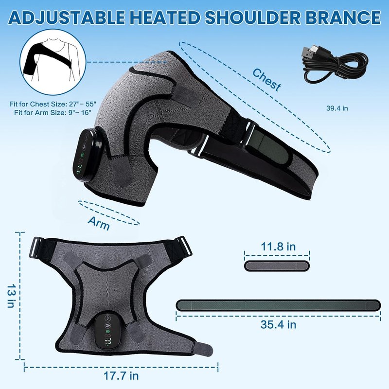 Cordless Shoulder Heating Pad - Electric Heated Wrap with Massage | 3 Vibration Levels & 3 Heat Settings for Rotator Cuff Pain Relief, Rechargeable 5000mAh Battery