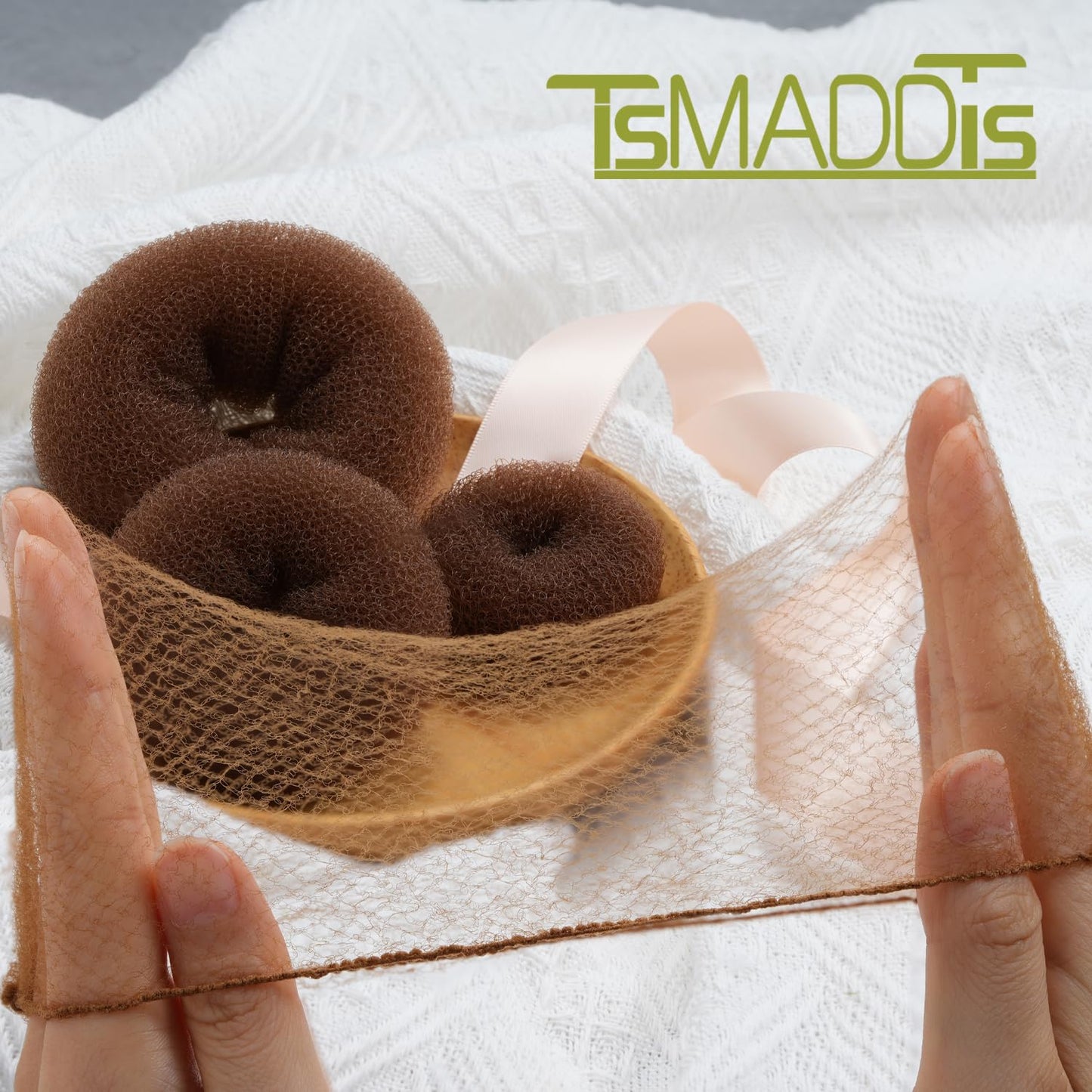 TsMADDTs Hair Bun Maker Set with 8 pcs Donut Buns for Women, 10 Invisible Hair Nets, 40 U Shaped Bobby Pins, 5 Elastic Ties for Girl's Dance, Light Brown