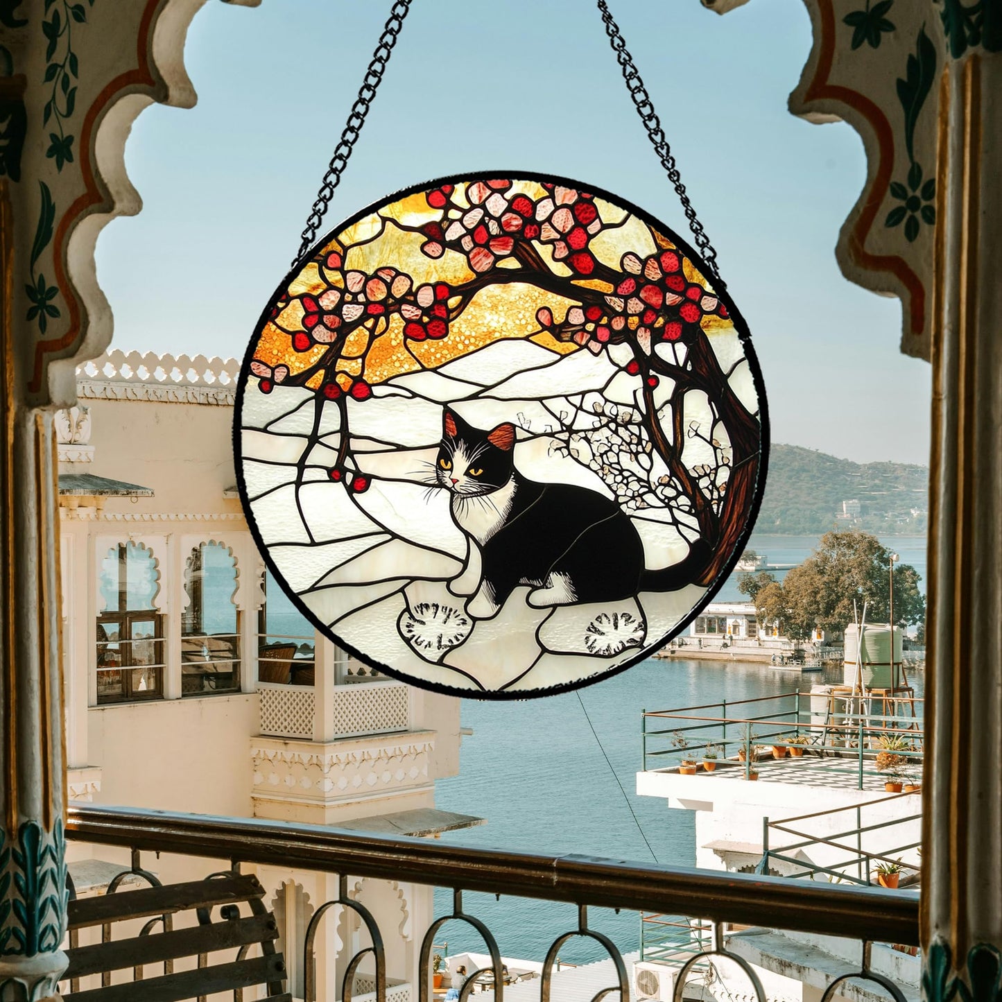 GEFOS Stained Glass Window Hanging Black and White Cat in The Snow Large 15" - Suncatcher Door Garden Sun Catcher Home Decor Birthday Christmas for Cat Lovers Mom Men Woman Nana