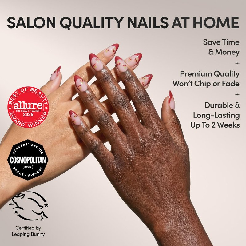 Glamnetic Press On Nails - Cherry Bomb | Glossy Red French Tips with 3D Cherry Accents | 30 Nail Kit in 15 Sizes