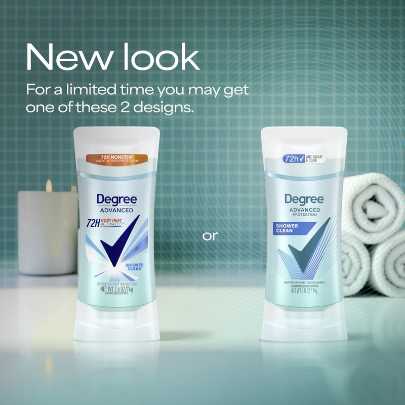 Degree Advanced Protection Antiperspirant Deodorant Shower Clean for 72-Hour Sweat & Odor Control for Women, with Body Heat Activated Technology, 2.6 oz