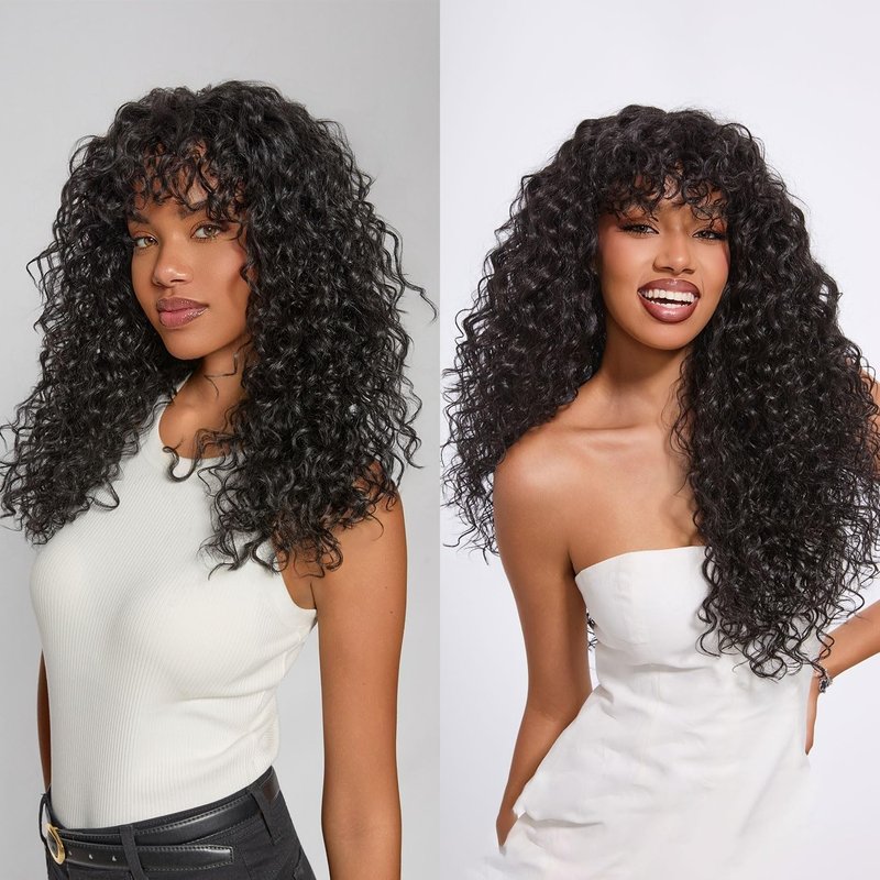 Frodio Veralux Fiber Blend Human Hair 20 Inches Shaggy Curl with Bangs Wig 200% Density Wigs Natural Black Ready to Go Glueless Wig for Women Realistic Look with True Scalp