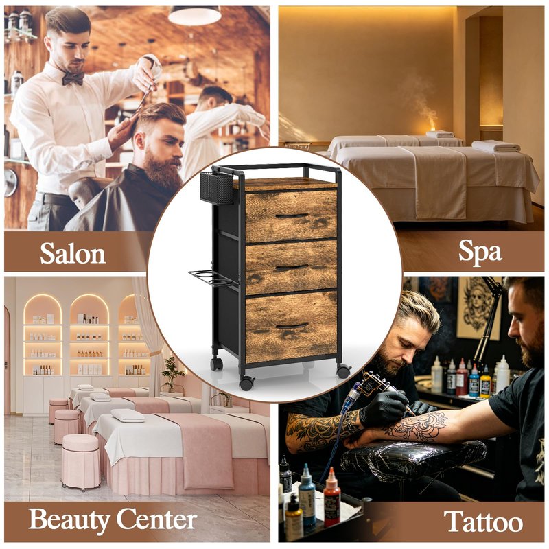 Salon Station for Hair Stylist, Rolling Salon Trolley Cart with Wheels, Beauty Barber Station with Metal Tool Holder & 3 Fabric Drawer, Mobile Storage Cabinet for Barbershop, Spa&Tattoo, Rustic Brown