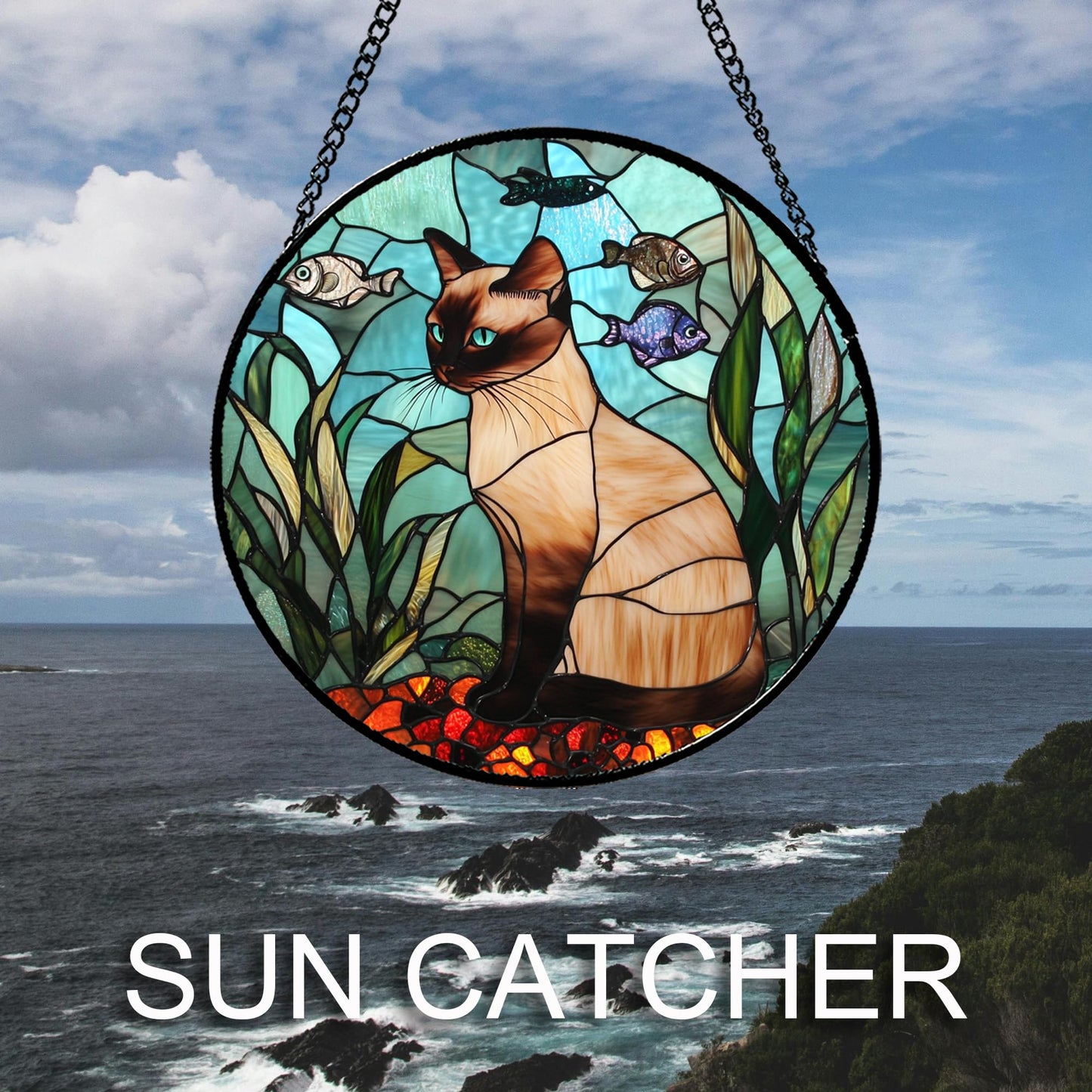 GEFOS Stained Glass Window Hanging Cat Fish Plants 6.3" - Suncatcher Door Garden Sunroom Sun Catcher Home Decor Birthday Christmas for Lost Pets Cat Lovers Mom Men Woman