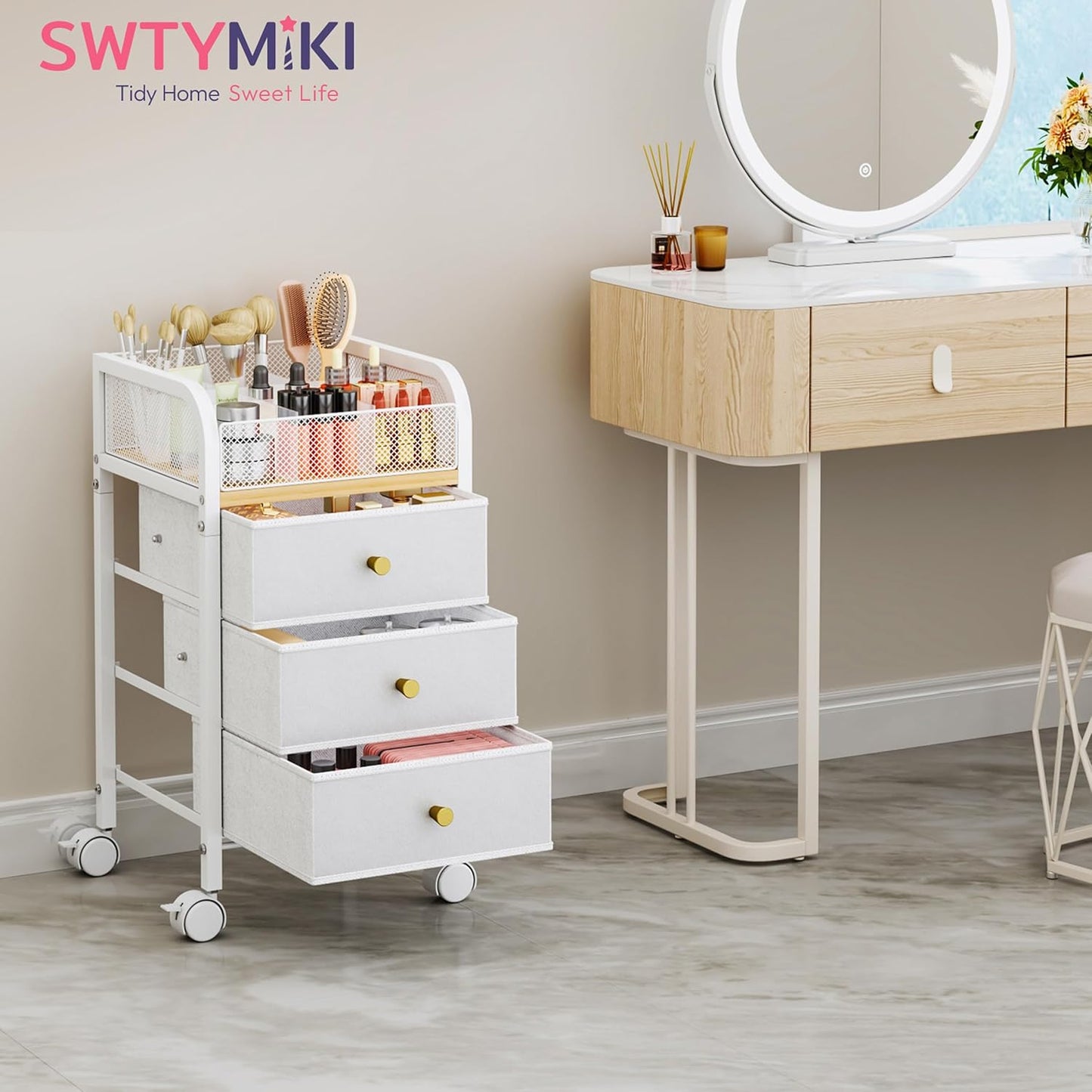 SWTYMIKI Rolling Makeup Organizer Cart - Under Desk Vanity Storage with 3 Drawers | Perfect for Cosmetics & Tools