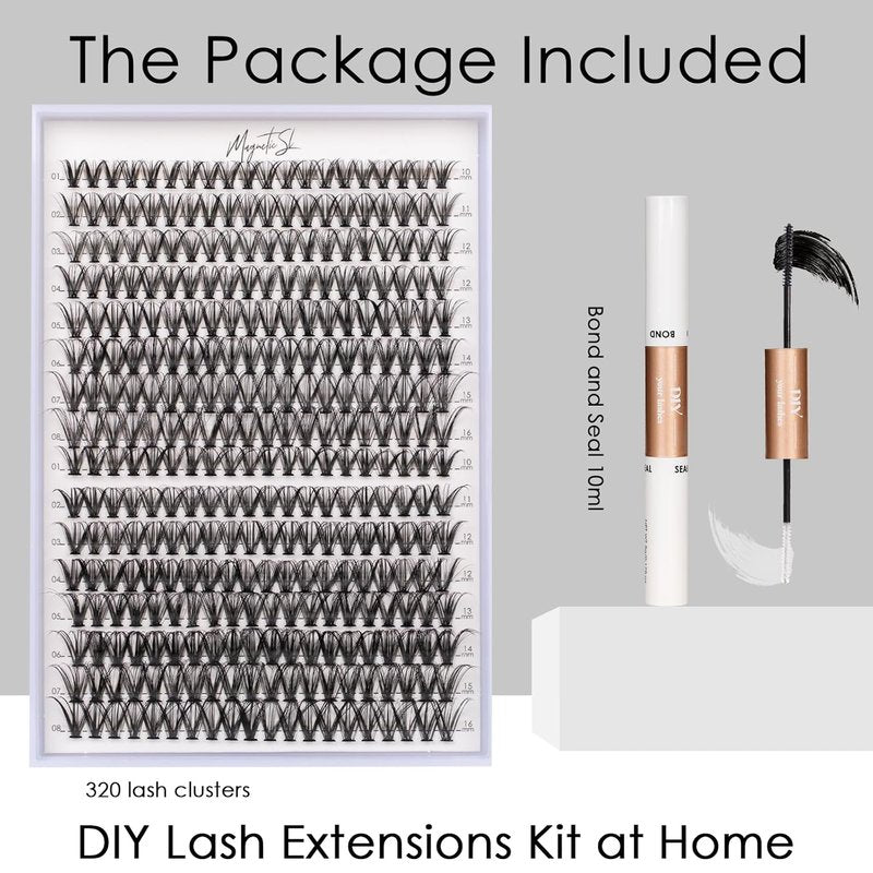 DIY Lash Extensions Kit - 320pcs Individual Lash Clusters 30D & 40D | Applicator, Bond & Seal, Glue Remover, 10-16mm