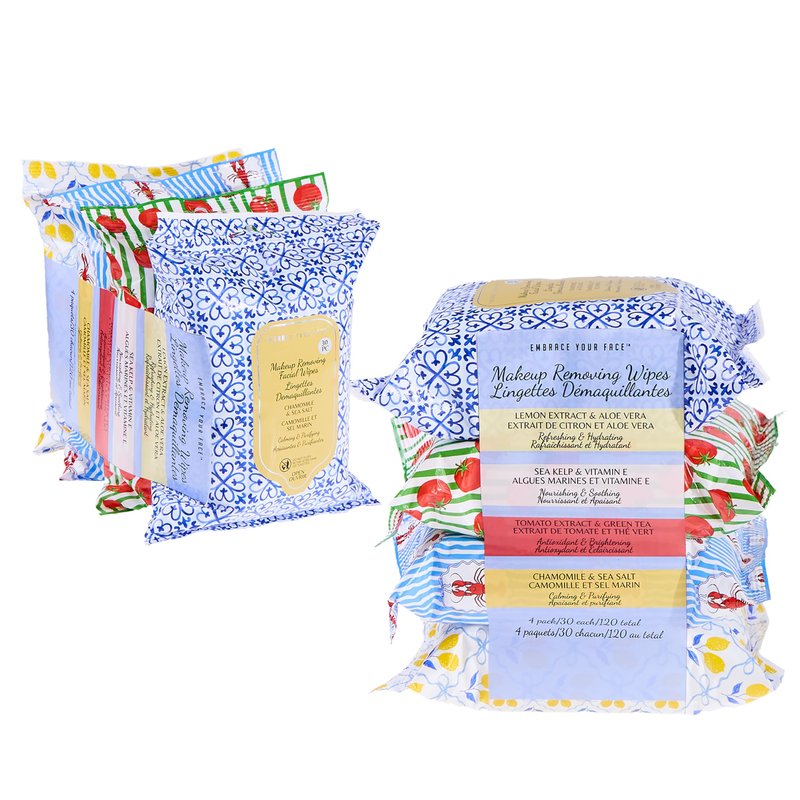 120pc Makeup Removing Facial Wipes 4-Pack Variety Pack – Lemon/Aloe, Sea Kelp/Vitamin E, Tomato/Green Tea, Chamomile/Sea Salt