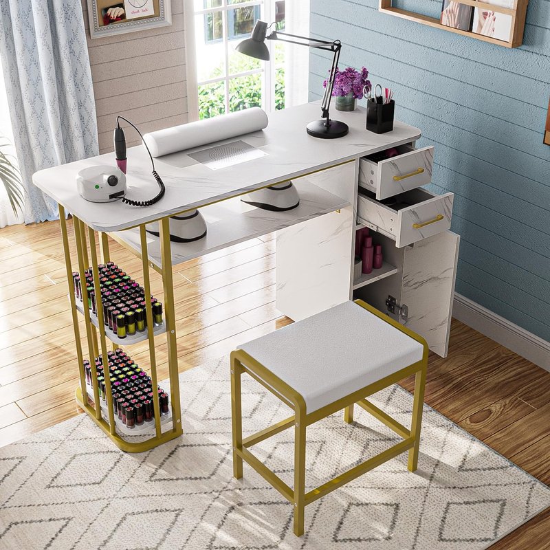 Kikihuose Manicure Table Nail Desk for Nail Tech, Professional Nail Table with Stool, Dust Collector, Dust Bag & Wrist Cushion，Modern Multipurpose Table with Storage Cabinet & Drawers, White