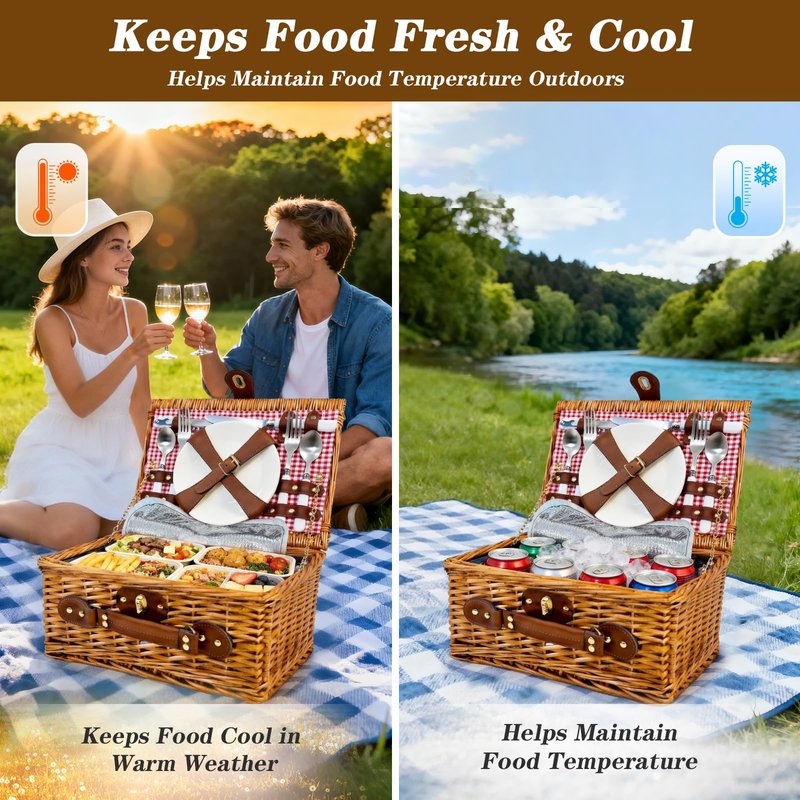 Picnic Basket for 2 - Picnic Basket with Cutlery Kit and Glasses, Insulated Picnic Set with Waterproof Liner, Portable Wicker Picnic Baskets with Lid and Handle for Outdoor, Picnic, Camping, Holidays