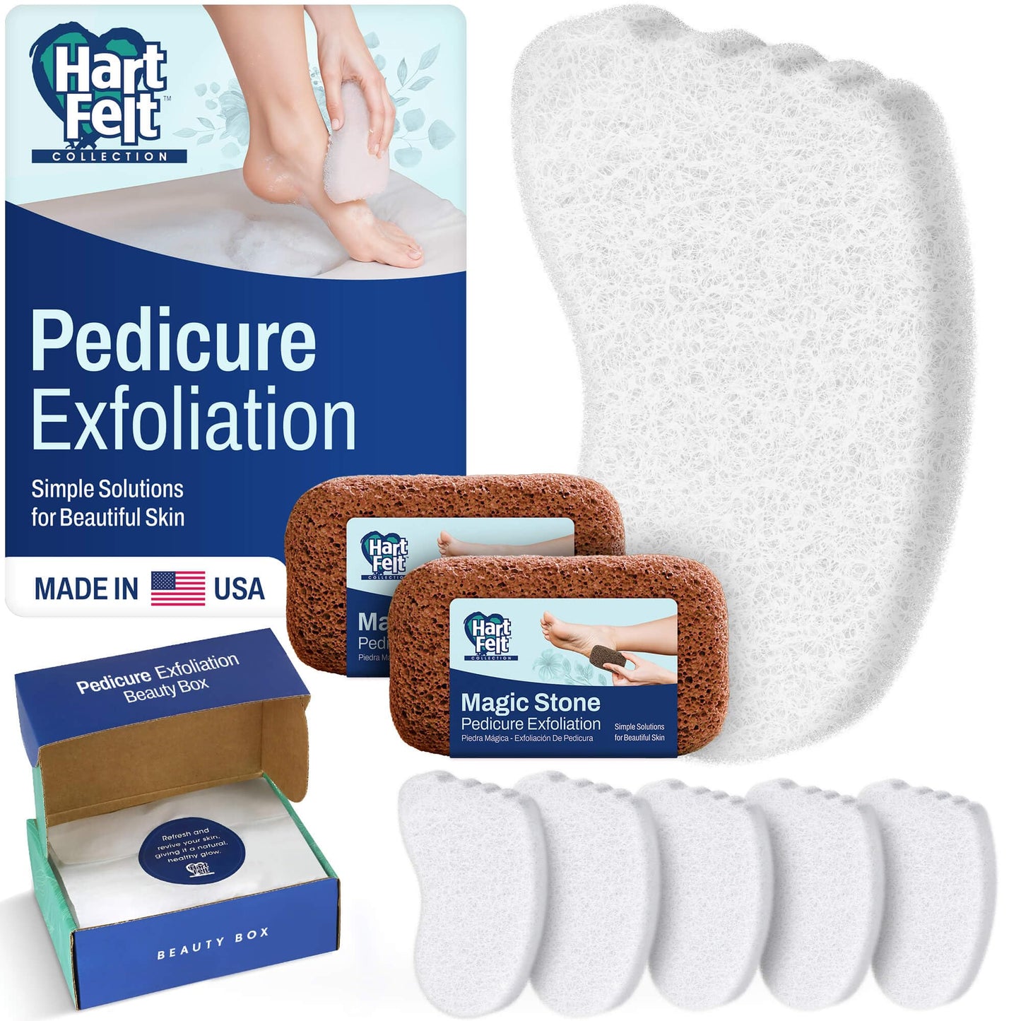 HartFelt Pedicure Exfoliation Beauty Box with 6 Exfoliating Foot Scrubber Bath Sponges & 2 Magic Pumice Stone for Feet Callus Remover | Gentle Sponge Pad & Foot Scrubbing Stone for Deep Cleansing