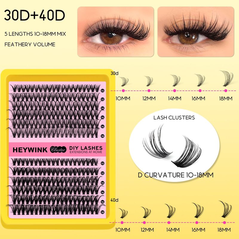 HEYWINK Lash Extension Kit DIY Lash Clusters Eyelash Extension Kit, 10-18mm 30D 40D Individual Lashes Kit Natural Lash Clusters with Lash Bond and Seal, Lash Tweezers for Beginner(30D+40D 10-18MM Kit)