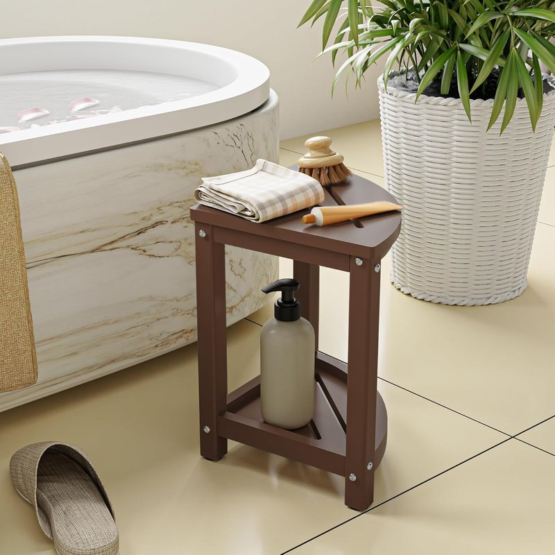 Shower Stool - Waterproof Corner Bench Seat with Baffle Storage Shelf | Indoor/Outdoor Use, Brown