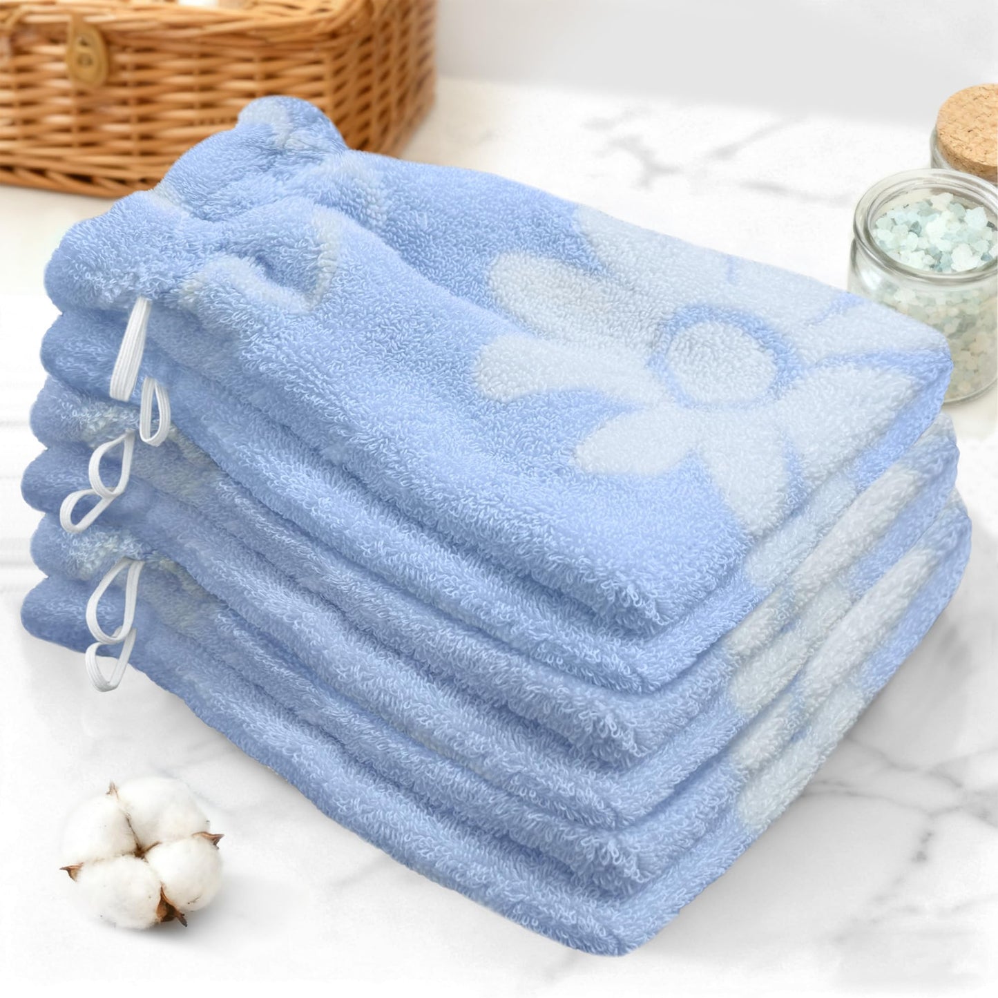VOOVA & MOVAS Shower Wash Cloth 6-Pack, 100% Cotton Soft Absorbent Bath Mitts with Hanging Loop, 8.3x6.3 Inch European Style Bathing Gloves for Body & Spa, Blue Daisy