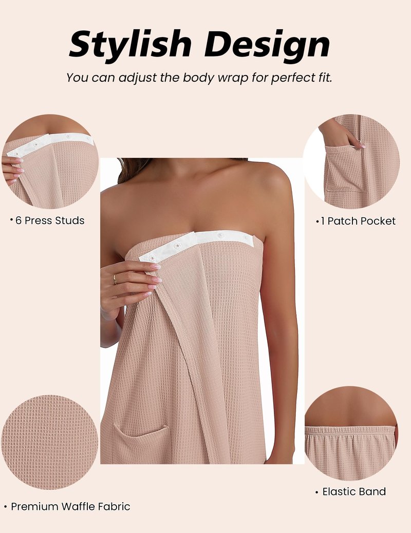 Ekouaer Waffle Robes For Women Bath Wraps Lightweight Knee Length Soft Shower Robe with Pocket Beige S