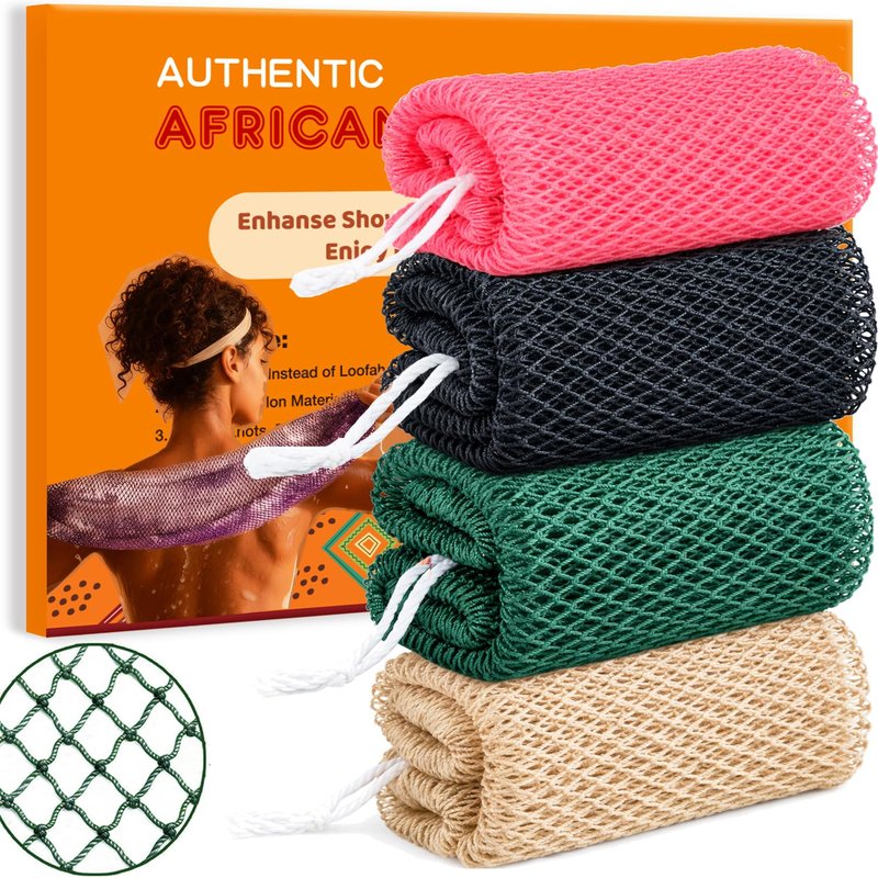 African Net Sponge Authentic, 3 Pieces African Exfoliating Net Sponge Body Back Scrubber Exfoliating Washcloth for Shower Bath for All Types (Black+Olive Green+Champagne Gold, 3 Pcs)