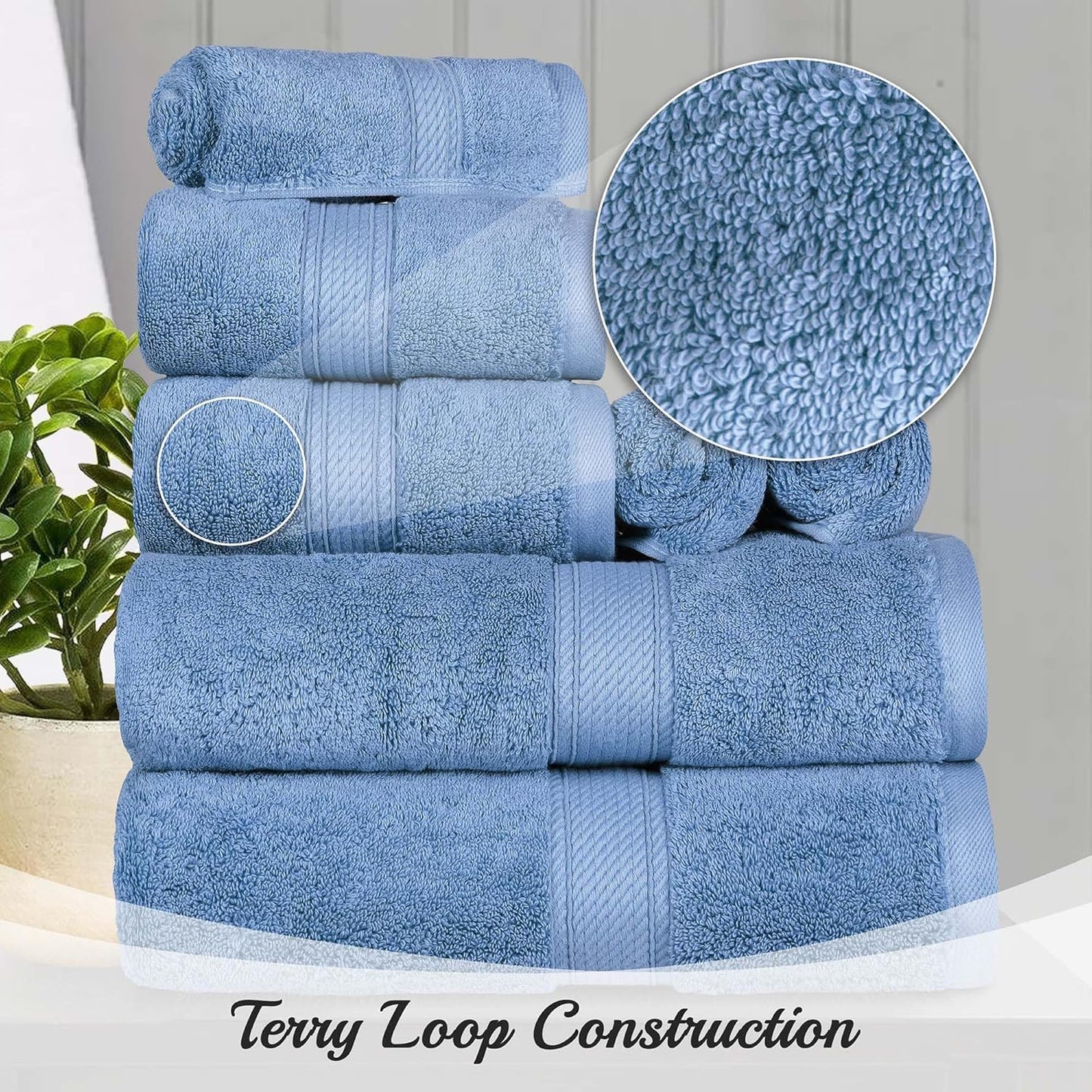 SUPERIOR Egyptian Cotton Pile 10 Piece Towel Set, Includes 2 Bath, 4 Hand, 4 Face Towels/Washcloths, Ultra Soft Luxury Towels, Thick Plush Essentials, Guest Bath, Spa, Hotel Bathroom, Denim Blue