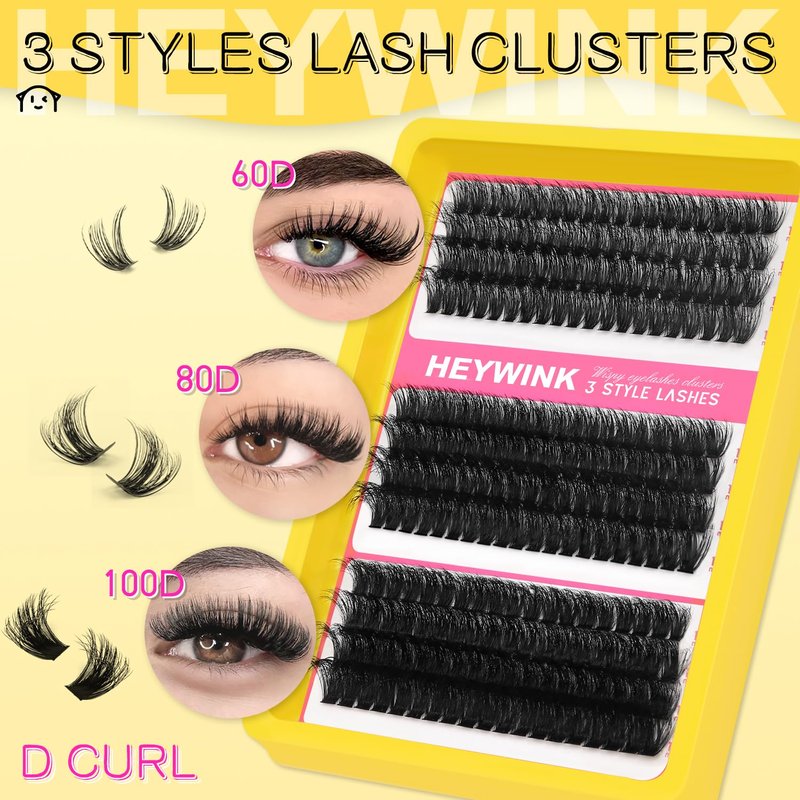 HEYWINK Lash Clusters Kit 60D 80D 100D Thick Cluster Eyelash Extensions 12-18mm Lash Clusters Individual Lash Extensions DIY Clusters Lashes Extension at Home (60D+80D+100D 12-18MM Kit)