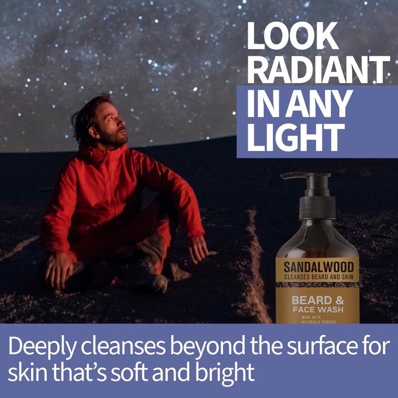 AM Beard & Face Wash - Sandalwood Scented - Gently Cleanses, Stops Itching & Flaking, Hydrates Dry Flaky Skin Under Beard - Naturally Derived Aloe Vera, Galangal, & Orange Peel - 6.76 fl oz