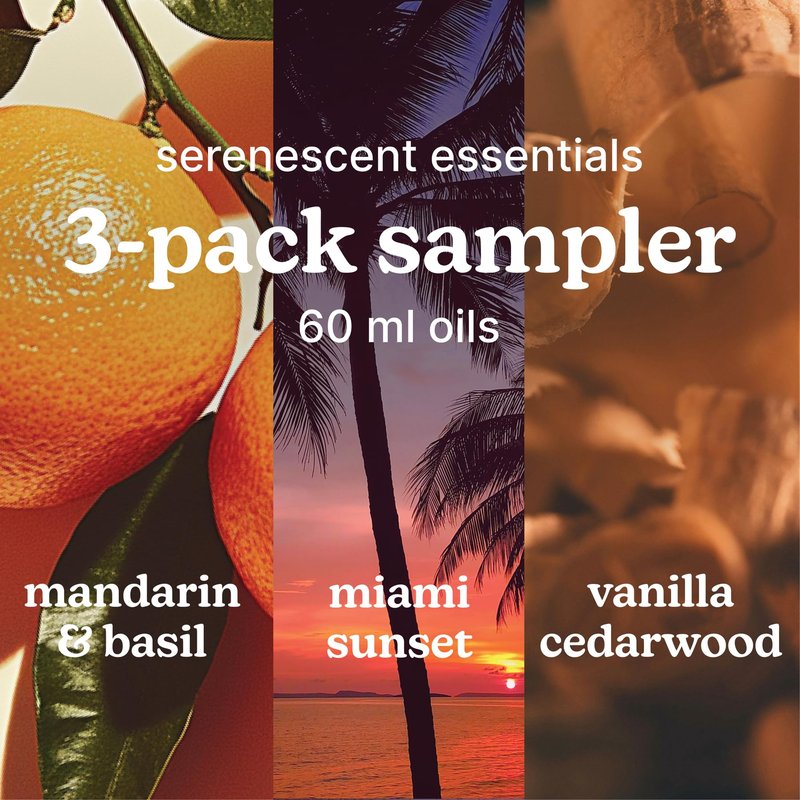 Homedics SereneScent Waterless Diffuser Oil Refill 3-Pack — Mandarin Basil, Miami Sunset, Vanilla Cedarwood (60ml ea). Clean, Safe, Natural. Compatible with SereneScent Diffusers