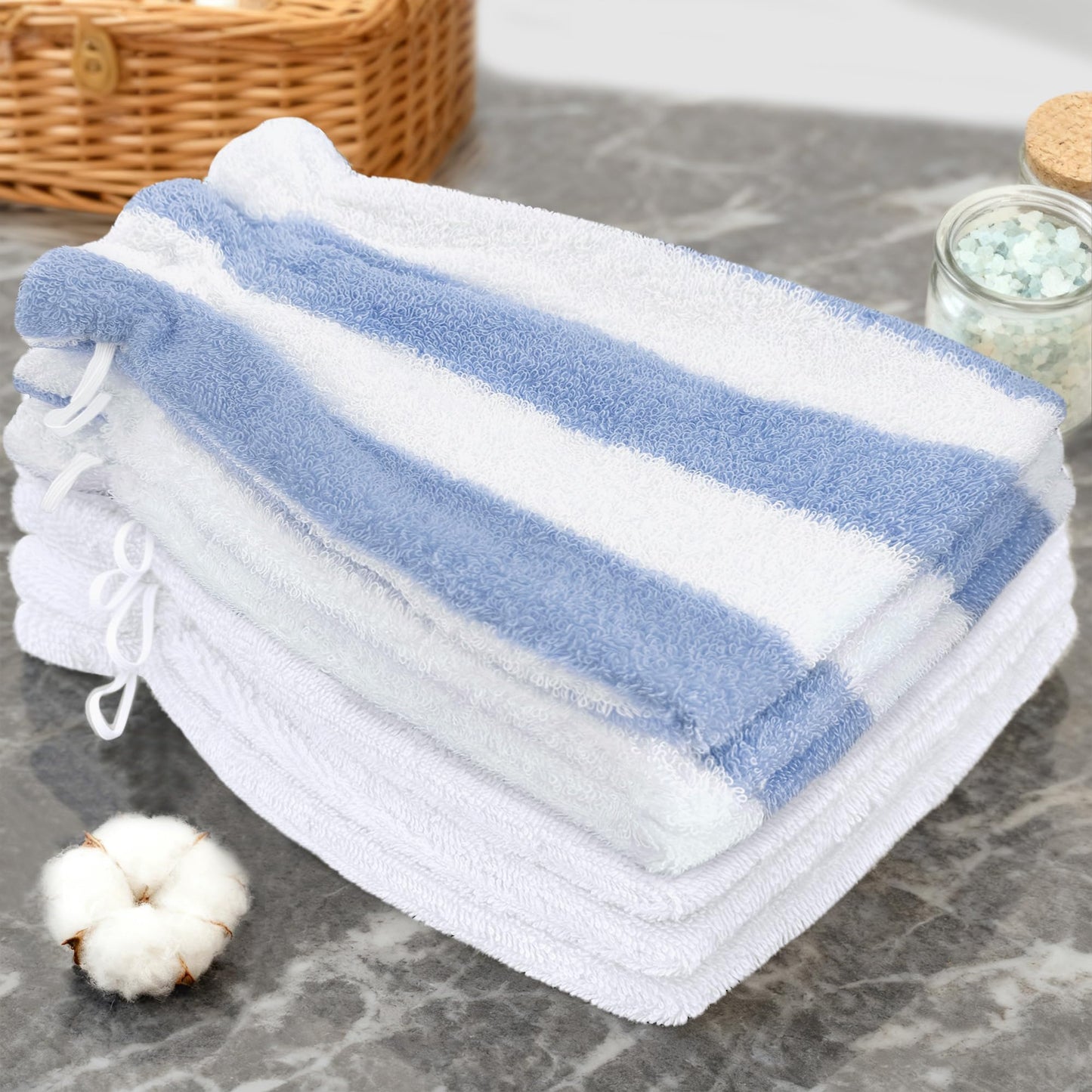 VOOVA & MOVAS 6-Pack Bath Mitts for Shower, 8.3x6.3 Inch 100% Cotton Soft Absorbent Wash Cloths with Hanging Loop, European Style Bath Mitt for Body & Spa, Blue Stripe & White