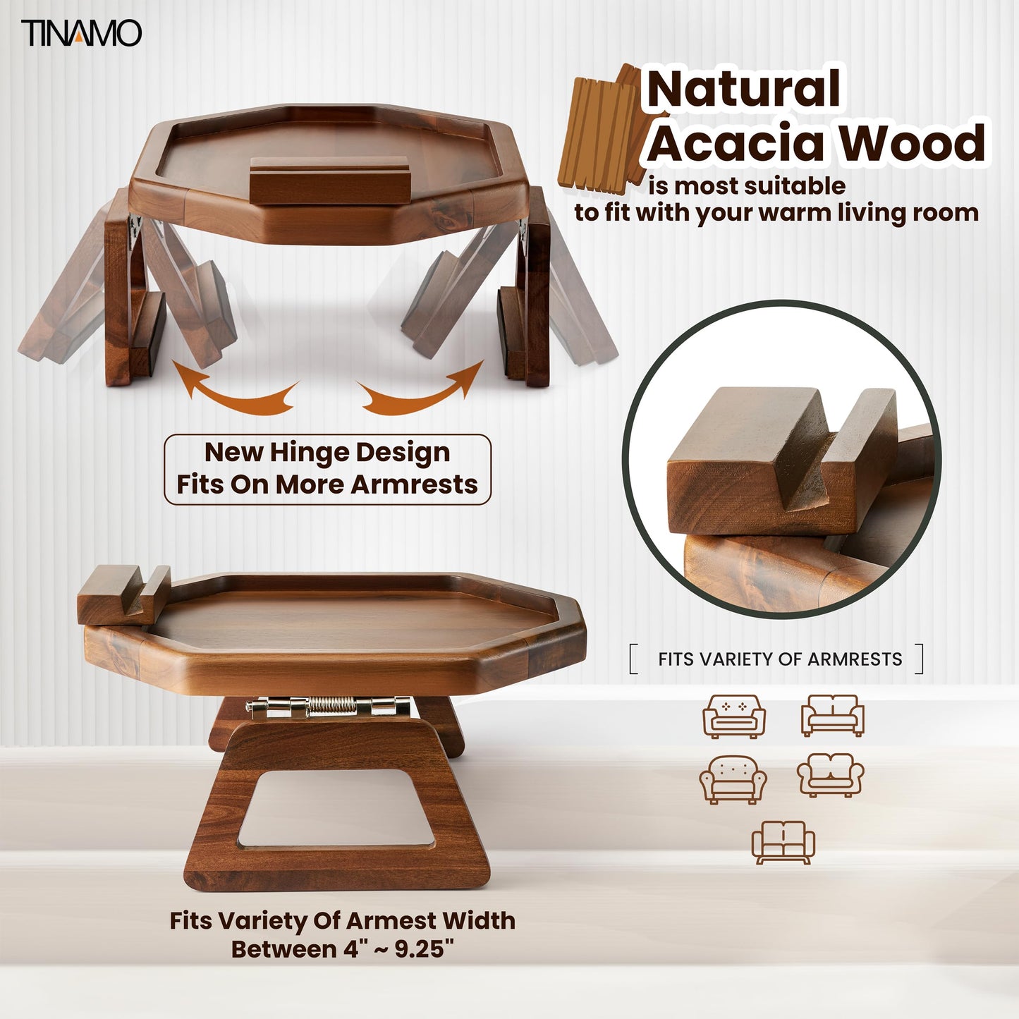 Tinamo Octagonal Acacia Sofa Arm Tray, Couch Armrest Table with Folding Arms - Armchair Caddy, Clip on Tray with Adjustable Arm Hinges for Home Sofa Living Room (Acacia, Octagon Phone Holder)