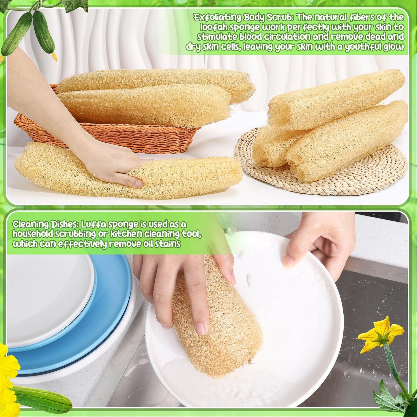 ZhouBoat 6 Pack Natural Loofah Sponge 13.8-15.7 Inch for Kitchen Bath & Body Scrub Organic Exfoliating Sponge for Dishes Skin Men Women