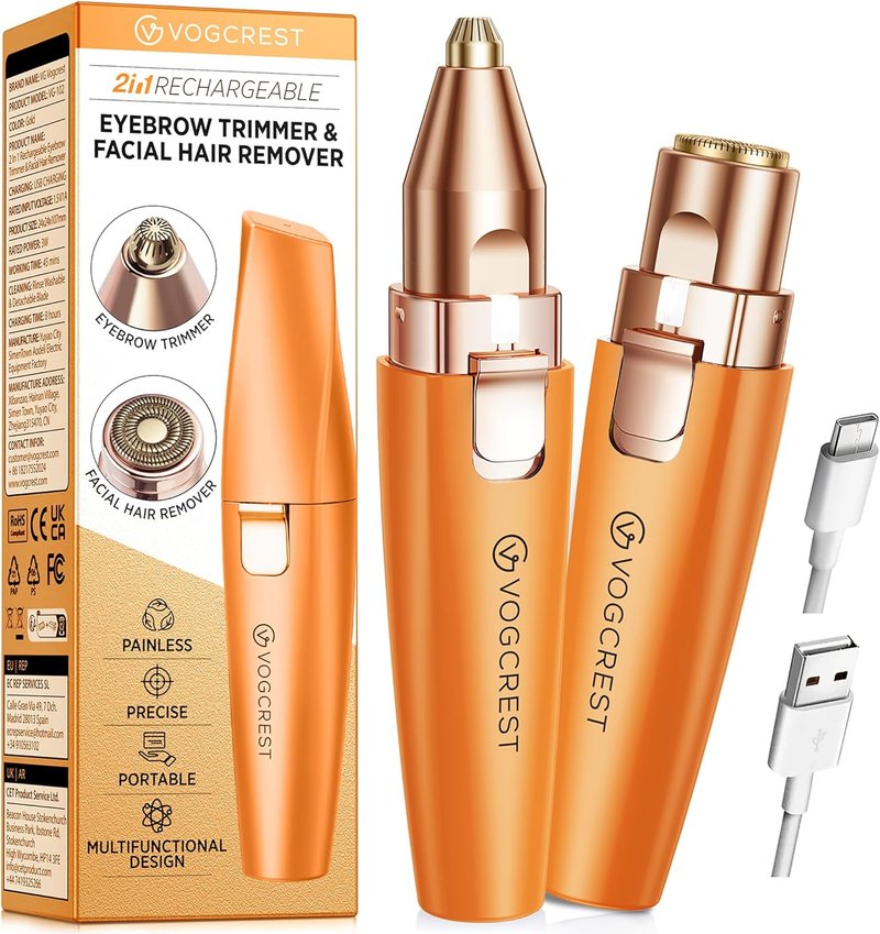 Eyebrow Facial Trimmer - 2-in-1 Rechargeable Hair Removal & Shaver | Painless Razor with LED Light (Orange)