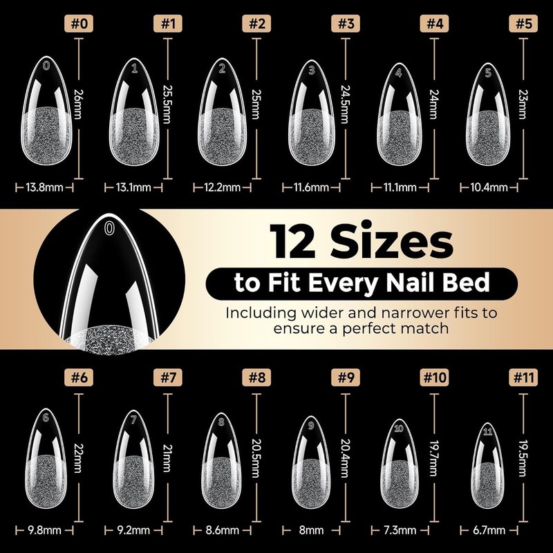 Luckyfairy Medium Almond Nail Tips, 504pcs Soft Gel Pre-Filed Acrylic Almond Fake Nails, Half Matte Full Cover Clear Press on Flase Nail Tips for Nail Extension Home DIY 12 Sizes