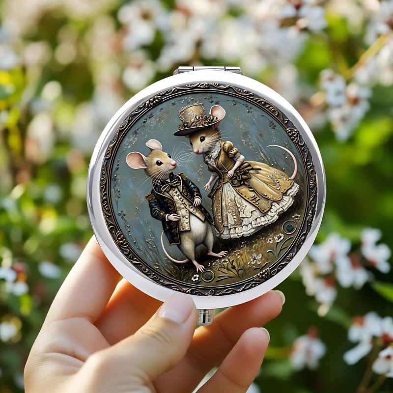 Silver Compact Mirror, 2.8x2.8inch Double-Sided Folding Makeup Mirror with Victorian Gentleman Mice Design, Ideal Gift for Women
