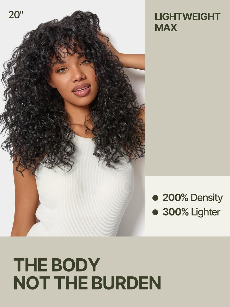 Frodio Veralux Fiber Blend Human Hair 20 Inches Shaggy Curl with Bangs Wig 200% Density Wigs Natural Black Ready to Go Glueless Wig for Women Realistic Look with True Scalp