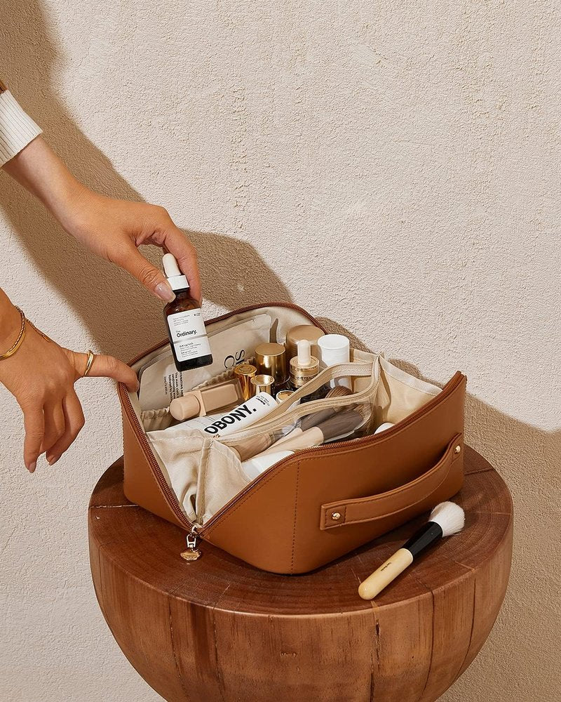 Large Capacity Makeup Bag - Waterproof Portable Travel Toiletry Bag with Divider & Handle | Ideal for Organizing Cosmetics