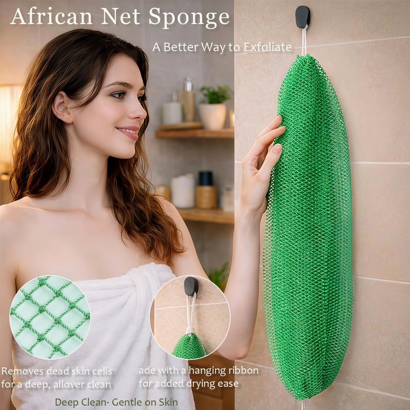 African Net Sponge Authentic, 4 Pcs Exfoliating Net Sponge for Bath, 45 Inch Long Stretch Back Scrubber for Women and Men, Exfoliating Shower Scrubber(Black+Olive Green+Pink+Champagne Gold, 4 Packs)