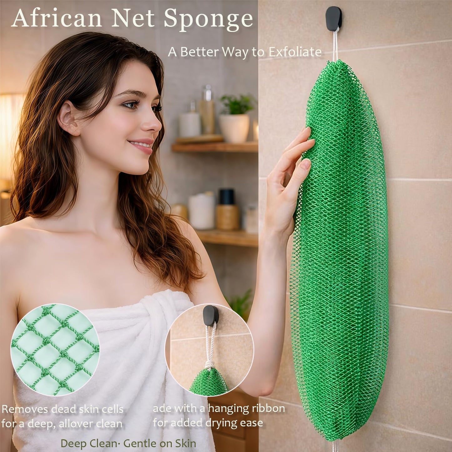 African Net Sponge Authentic, 3 Pcs Exfoliating Net Sponge for Bath, 45 Inch Long Stretch Back Scrubber for Women and Men, Exfoliating Shower Scrubber (Brown+Blue+Gold, 3 Packs)