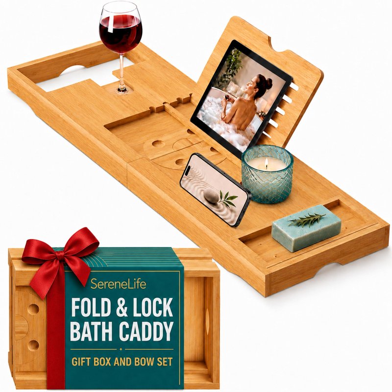 SereneLife Premium Bathtub Tray Caddy, Expandable Bath Tray, Unique House Warming Gifts, Gift for Mom, Women, New Home, Wedding, Anniversary, Bridal Shower, Universal Fit for All Tub - Natural, Folding, Gift Set