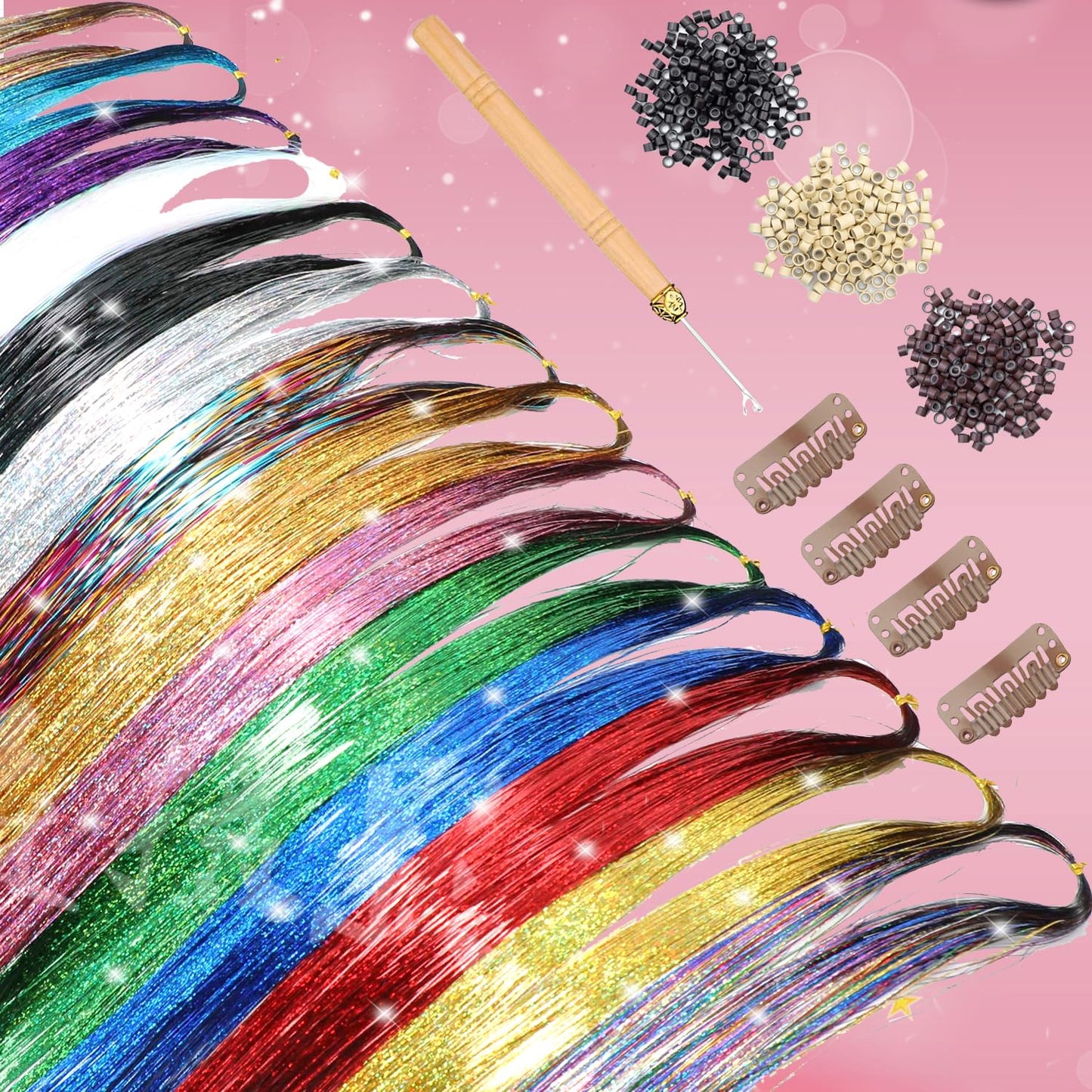 YUBTY Hair Tinsel, 20 Colors 8800 Strands Fairy Hair Tinsel Heat Resistant 48 Inches Glitter Tinsel Hair Extensions Highlights Sparkling Hair Tinsel Kit for Girls Women Hair Accessories Party Festival