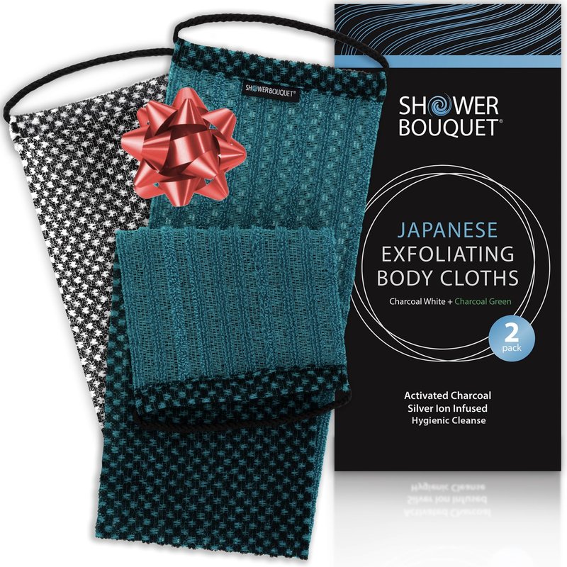 Japanese Exfoliating Washcloth for Back & Body 2-Pack - Charcoal & Silver Ion Exfoliating Towel with Handles - Two-Sided Gentle Exfoliation & Deep Cleanse Body Wash Cloths for Shower - 1 White 1 Green