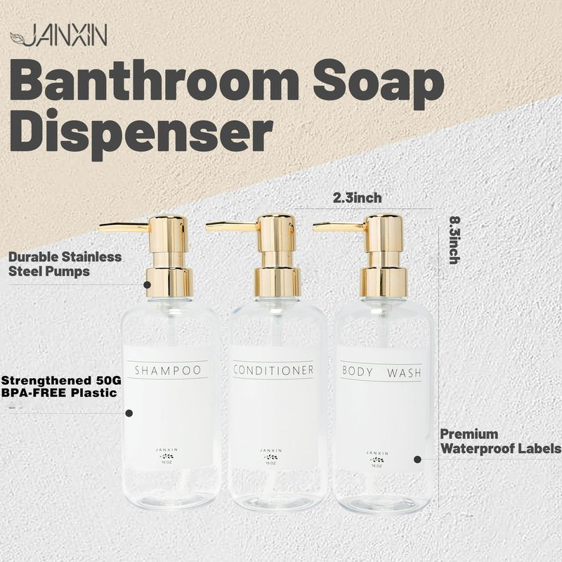 Janxin Shampoo and Conditioner Dispenser Set of 3,Modern Refillable 16oz Shampoo and Conditioner Bottles with Pump,Stylish Shower Soap Dispenser with Waterproof Labels for Bathroom(Clear)