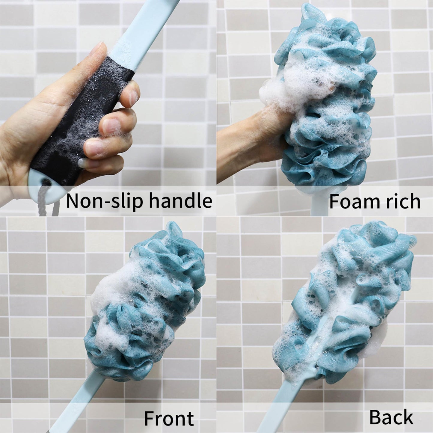 Back Scrubber for Shower, Loofah with Handle, Back Loofah Non-Slip Handle Bath Body Brush, Scrub Cleaning Luffa, Soft Nylon Mesh Sponge On a Stick for Men Women Elderly (Blue)