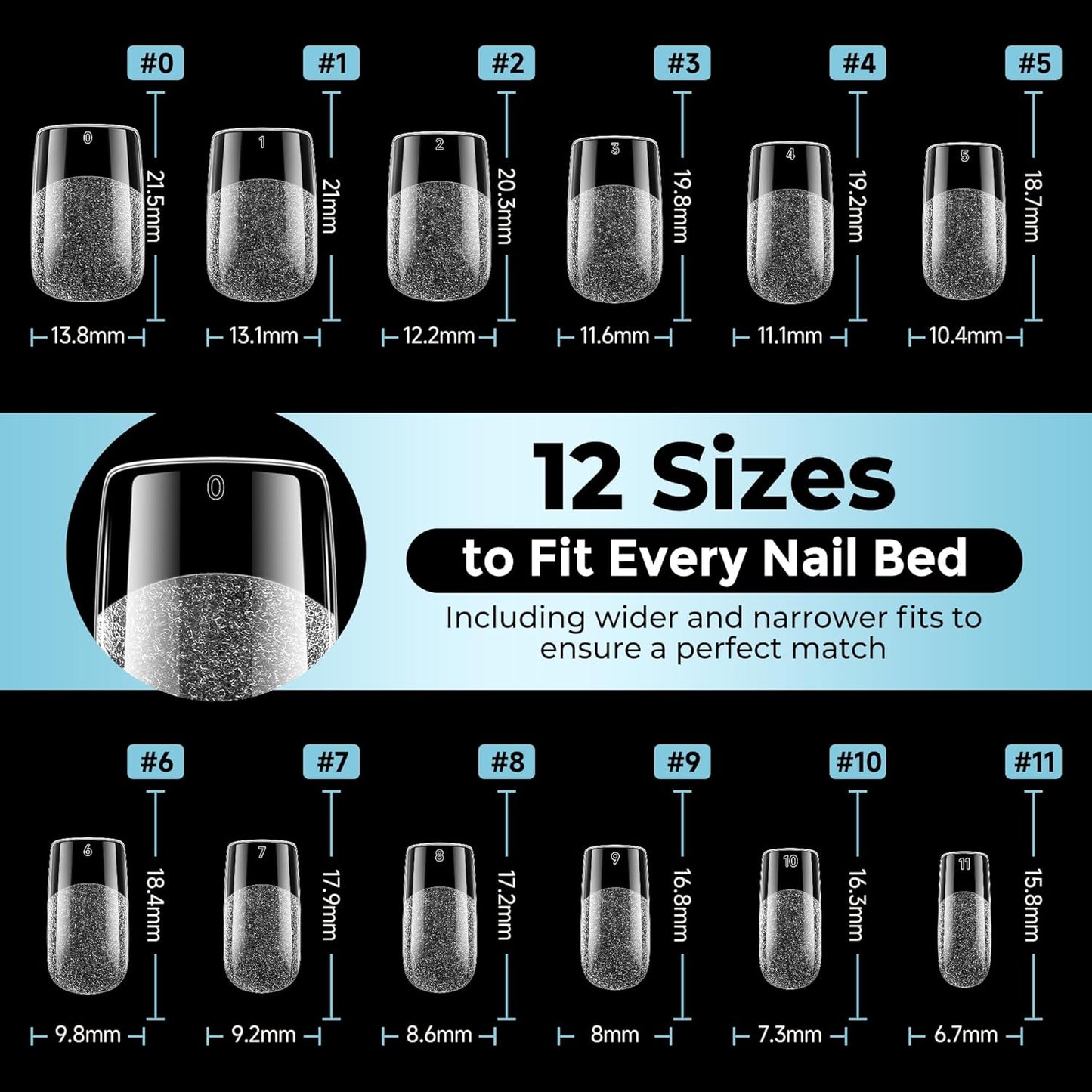 Skiennix Short Square Nail Tips - 360Pcs Full Cover Press-On Acrylic Nails | Half Matte Clear, 12 Sizes