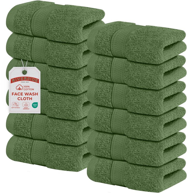 RIVERSIDE 12-Pack Premium 100% Cotton Sage Green Face Towels for Bathroom [12x12] - Reusable Luxury Face Wash Cloths for Showering - 550 GSM Super Soft & Absorbent Washcloths for Body, Spa & Gym