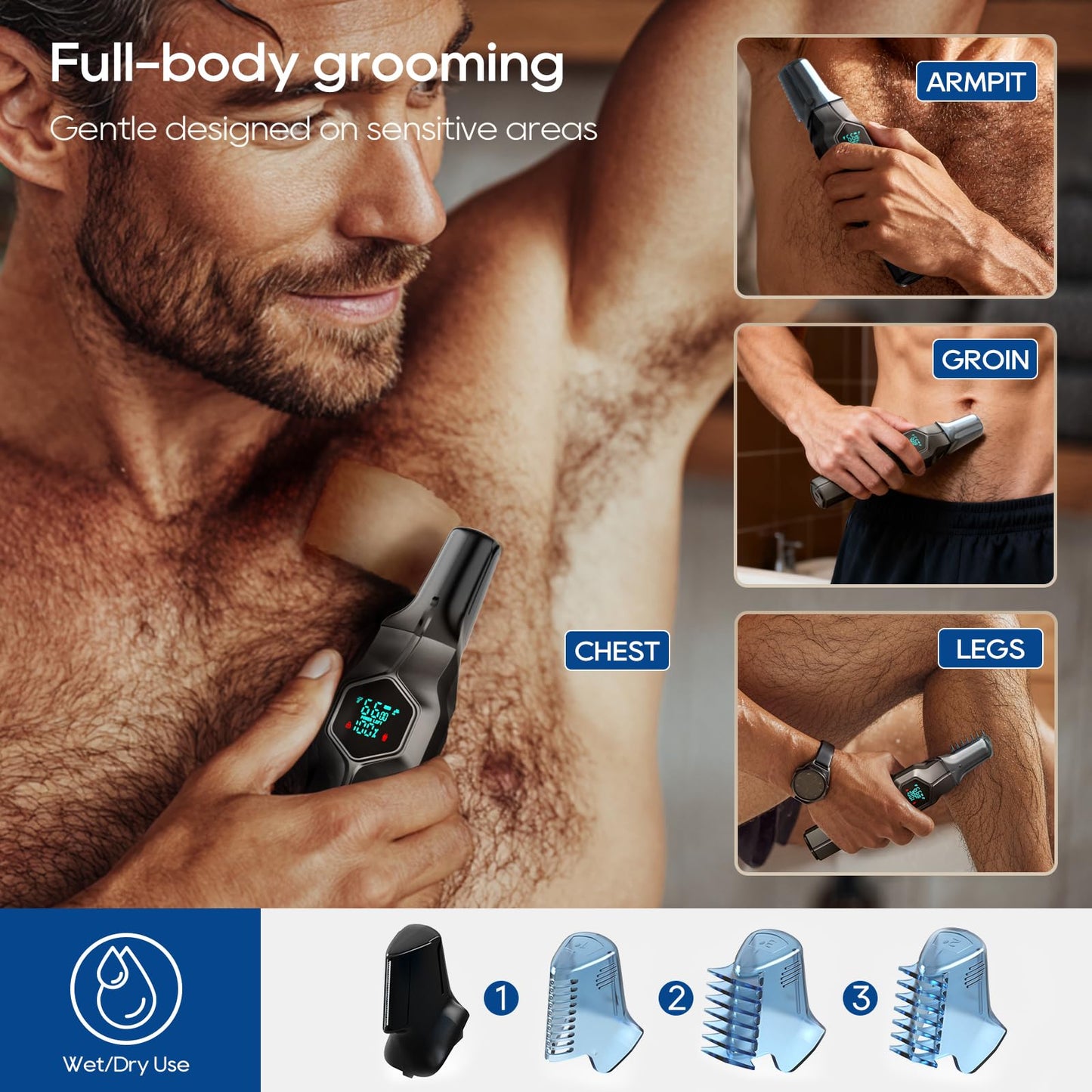 TRIMX Beard Trimmer for Men, Magnetic Snap-on Replacement Heads & Charging Dock, IPX7 Waterproof Cordless Hair Clippers, Mens Grooming Kits for Mustache/Body/Face/Ear/Nose, Gray